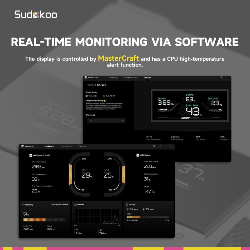 Sudokoo مبرد وحدة المعالجة المركزية SK700V الأبيض AM5: مبرد هواء لوحدة المعالجة المركزية مع 7 أنابيب حرارية وعرض رقمي حصري لـ AM5 - تبريد PC ببرج واحد مع مروحة هادئة FDB PWM بحجم 120 مم وتركيب قفل L-Rail - Image 4